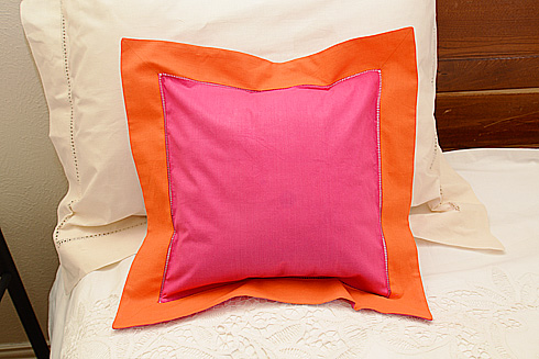 Hemstitch Multicolor Pillow 12x12". Pink Peacock & Scarlet Ibis